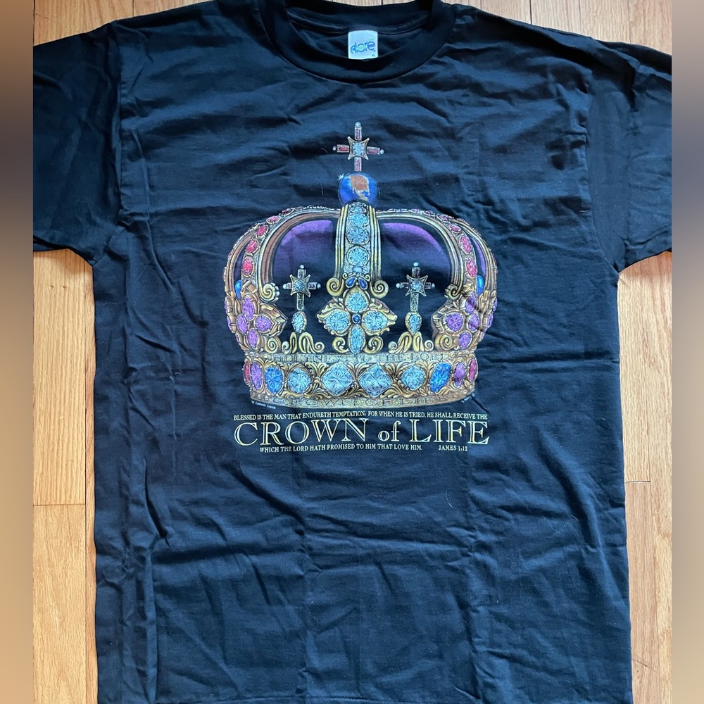 Vintage 1990s Crown Of Life Jesus New Tshirt Black XL Christ Lord Single Stitch